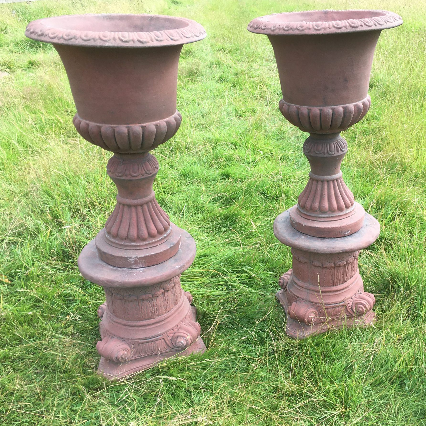 Pair of Victorian Style Urns on Plinths Spirit of the Garden